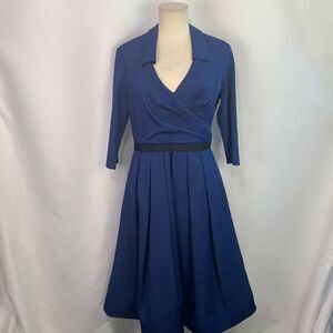 Pamela Roland blue pleated bottom fit/flare dress
